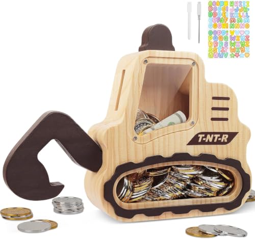 omedecal Wooden Piggy Bank for Kids, Unbreakable Coin Bank, Excavator