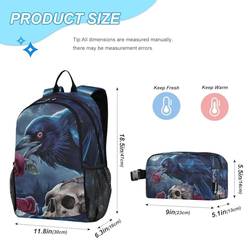 Travel Backpack Lunch Bag Set for Hiking Picnic, Backpacks with Insulated Lunch Box Gothic Crow Skull Print2