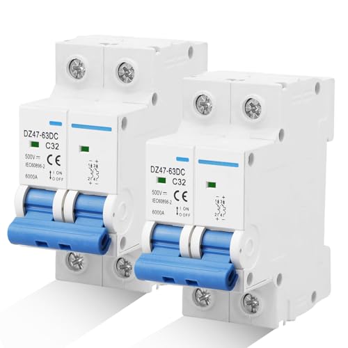 HOSPAOP 2 Stück DC Trennschalter PV Anlage 500V 32A 2 Polig Solar Leitungsschutzschalter Sicherungsautomat Schutzschalter für Photovoltaik-Systeme Schutzluftschalter 35mm DIN-Schienenmontage