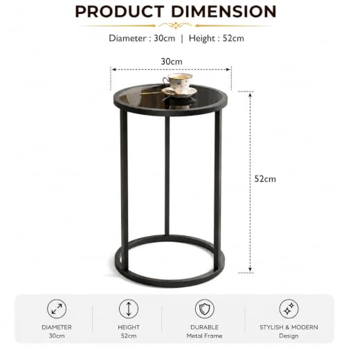 Image of Modern Round Side Table with Black Glass Top | Metal End Table for Living Room & Bedroom