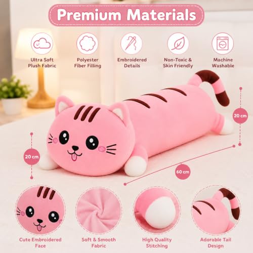 Image of cat Soft Toys and Pillow Kids, Plush Hugging Cushion, - Long Hugging Plush Toy for Kids & Girls | Ultra-Soft Sleeping Cushion | Cute Animal Stuffed Toy (60 cm) (Light Pink)