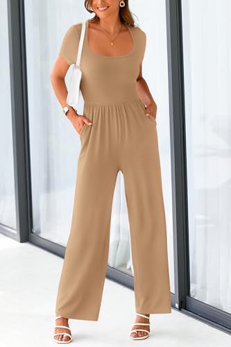 PRETTYGARDEN Women's Summer One Piece Jumpsuits Dressy Casual Short Sleeve Square Neck Wide Leg Jumpsuit Rompers