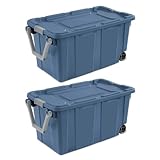 Ratiyae 40 Gallon Wheeled Industrial Tote, Rugged Plastic Storage Bin, Latch Lid, Blue, 2 Count