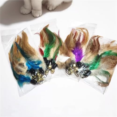 4-Pack Cat Wand Toy Refills - Assorted Colors Feathers with Bell, Real Feathers Replacement Heads for Indoor Cats, Random Color Delivery