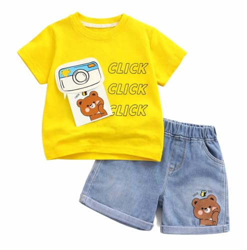 Image of Bold N Elegant Baby Boy Girl Camera Click T-Shirt with Denim Shorts Cotton Co-Ord Set Summer Outfit for Infant Toddler Kids Upto 5 Years