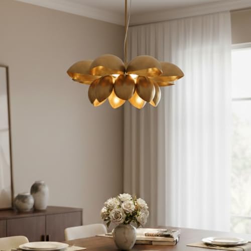Image of KREATIVE ART'S Pendant Light & Chandelier - 22-Inch Golden Lotus Gold Hanging Lamp, Jhumar Style, Adjustable Height (24 inch-36 inch) for Living Room, Dining, Pooja Room & Balcony Decor (Bulb Included)