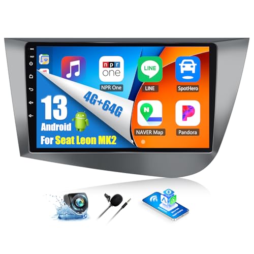 OiLiehu 4+64GB Android 13 2 DIN Carplay Android Auto para Seat Leon MK2 2005-2012 Pantalla Radio Coche 9 Pulgadas con Mirror Link Bluetooth FM RDS GPS WiFi SWC EQ Camara Marcha Atras