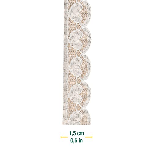 Halbach Seidenbänder Hearts Lace Ribbon White 15 mm x 20 m Lace Sold by the Metre on Roll as Ribbon for Weddings Sewing or Table Decoration Lace Trim Lace Fabric for DIY Crafts - Image 2