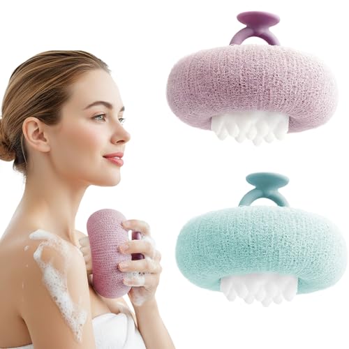 2Pcs Super Soft Sunflower Suction Cup Bath Ball 2-in-1 Super Soft African Exfoliating Shower Towel Net Sponge Bath Ball Exfoliating Bath Net Sponge Body Scrubber Shower Ball for Men Women (Purple)