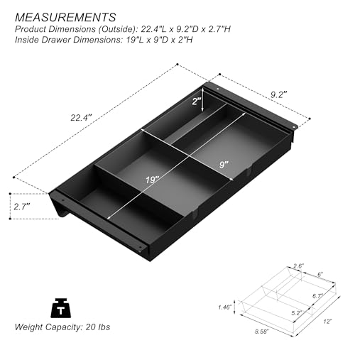 Image of Under Desk Drawer with Removable Tray, 22.4 inch Wide 2-in-1 Organizer - 60 Ergonomic Tilt, 4-Compartment Insert for Pens, Phones & Cables, Ball Bearing Slides, for Home Office & Student Desk
