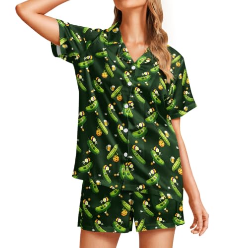 Image of Funny Satin Pajamas Set for Women Button Down Sleepwear Print Pjs Set 2 Piece Short Sleeve Loungewear Gift for Women