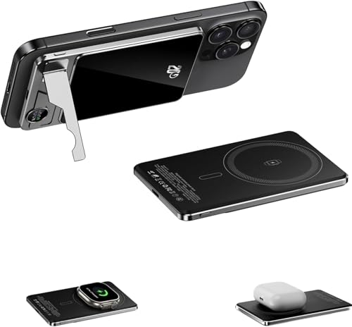 Ultra Slim 10000mAh Magnetic Power Bank with iWatch Charger 15W MagSafe & 20W PD Fast Charging LCD Display &Foldable Stand for iPhone 16/15/14/13/12, Watch Ultra/8/7/6/5/4, AirPods