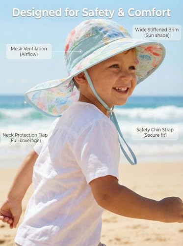 Image of icolor Kids Sun Hat UPF50+ Sun Protection Bucket Hat Toddler Summer Beach Play Hats with Neck Flap for Girl Boy Ages 3~10