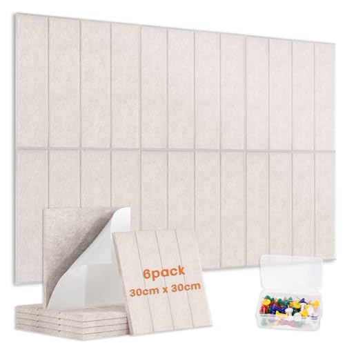 Pinnwand Filz Selbstklebend 6 Stück 30x30cm 0 9cm dick zuschneidbar & ohne Bohren DIY Memoboards für Büro Schule Kinderzimmer inkl. 30 Pinnnadeln (Beige 6 Stück)