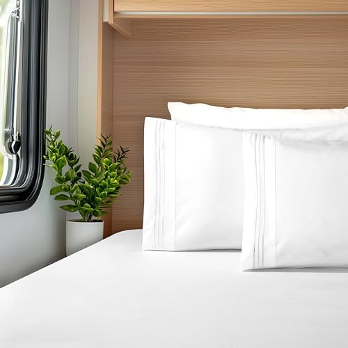 Image of Elegant Comfort Luxurious 1500 Premium Hotel Quality Microfiber Three Line Embroidered Softest 4-Piece Bed Sheet Set, Wrinkle and Fade Resistant, RV Short Queen, White