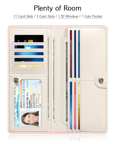 Image of Nipichsha Womens Wallet, RFID Slim Wallets for Women, Thin Ladies Credit Card Holder Purse, Cute Leather Bifold Clutch Billfold with 11 Card Slots & ID Window, Pink