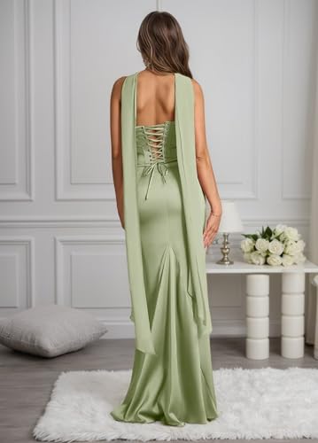 Strapless Satin Bridesmaid Dresses Long with Scarf 2025 Tight Pleated Corset Mermaid Evening Party Maxi Dress3