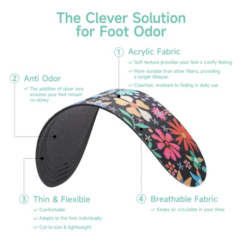 Image of Womens No Show Socks Anti-Odor Sockless Shoe Inserts Size 9-13 | Thin Shoe Insoles,Breathable,Comfort Barefoot Shoe Liner,Machine Washable,Moisture Control,Cute,Everyday Insole,Floral Print