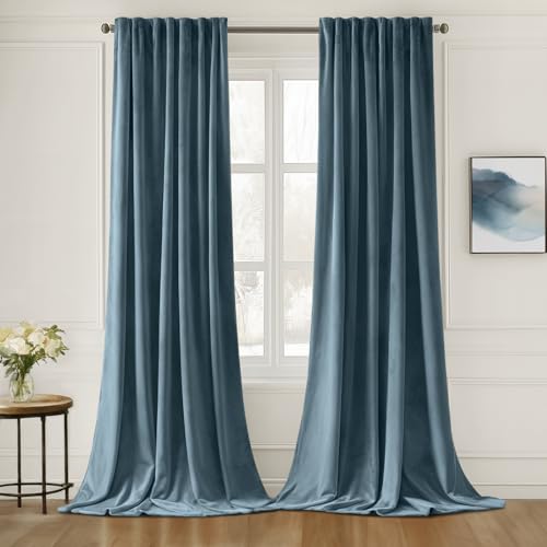 Image of MIULEE Stone Blue Velvet Pinch Pleat Blackout Curtains W52 X L96 Inches | 2 Panels,Luxury,Thermal Insulated,Super Soft,Light Blue Tone,Back Tab & Rod Pocket,for Bedroom Living Room