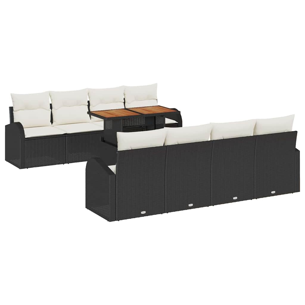 Ensemble Jardin 7 Pieces Poly Rattan Noir et Crema avec Coussins