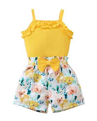 Kucnuzki Little Girl Toddler Clothes Yellow Halter Tops Ruffle Sleeveless Cotton Kids Shirts Elastic Waist Flower Shorts 2T 3T Girl Clothes Baby Girl Outfits
