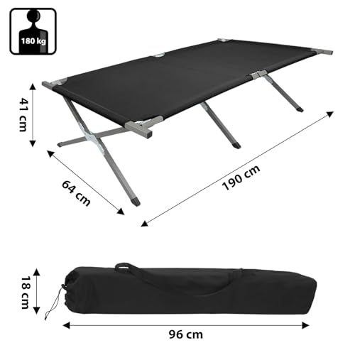 BB Sport Feldbett Klappbett 190 x 64 x 41 cm Stabiles Campingbett 180kg Belastbar Tragbar Bequem Reise Liege Stahlrohr 600D Oxfordgewebe Tragetasche Gästebett Klappbar, Farbe:Schwarz