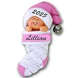 Personalized Baby's First Christmas Pink Girl in Stocking Christmas Tree Ornament with Name
