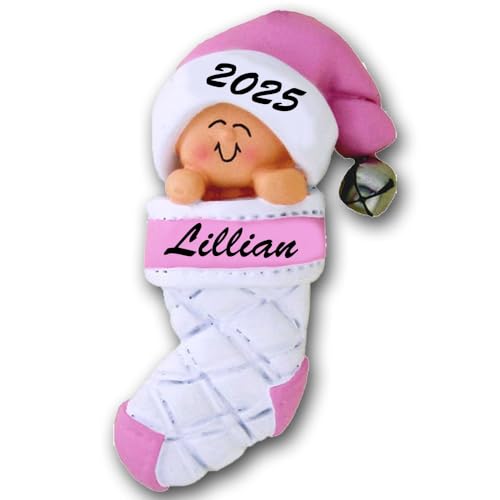 2025 Baby's First Keepsake Christmas Ornament Personalized Pink Baby Girl Stocking Holiday Tree Decoration with Custom Name