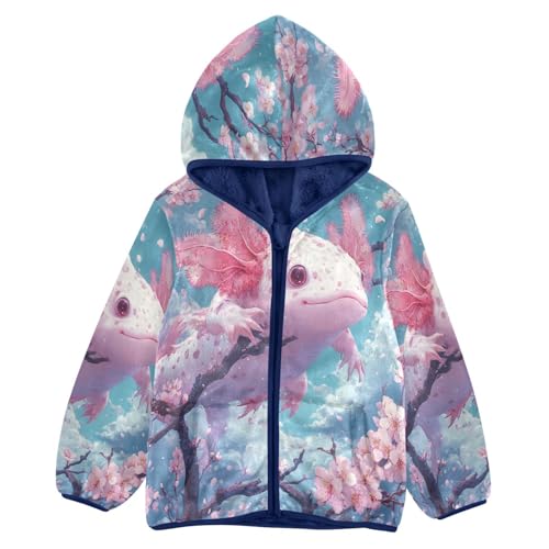 Kawaii Axolotl Pink Cherry Blossoms Toddler Fleece Jacket Girl Boys Hooded Fleece Jacket Coat