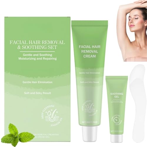 Painless Facial Hair Removal Cream,Gentle Face Hair Remover for Sensitive Skin,Depilatory & Post Care Soothing Cream,Upper Lip Hair Remover,Chin Hair Removal for Women,2-in-1 Kit with Soothing Cream