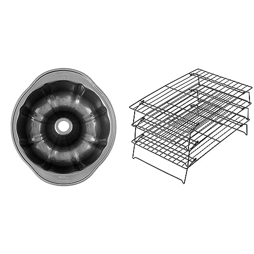 Image of Wilton Perfect Results Premium Non-Stick 9.51-Inch Fluted Tube Pan & Excelle Elite 3-Tier Cooling Rack for Cookies, Cake and More, Black