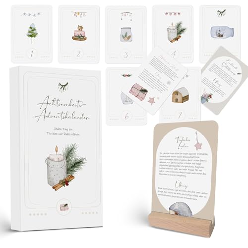 Legezon Achtsamkeit Adventskalender 2025 – 24 Aquarellkarten mit Übungen & Affirmationen, inkl. Holzfuß, Klammern & Juteschnur zum Aufhängen, Weihnachtskalender & Tischdeko Geschenkidee