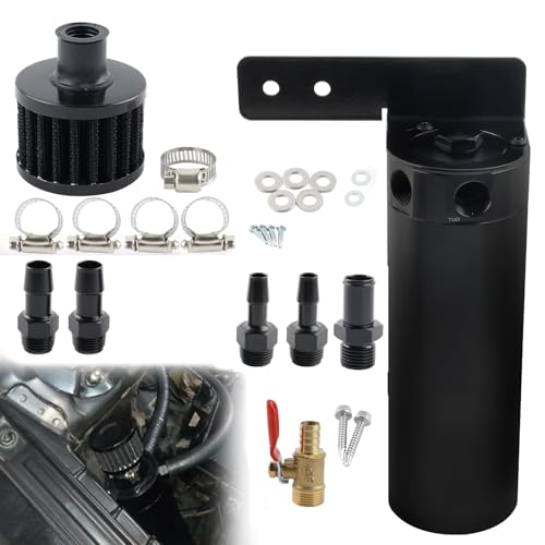 MACHSWON Oil Catch Can Kit - Universal 2-port Baffled Oil Catch Can Reservoir Tank with Breather Filter and Drain Valve (Black)