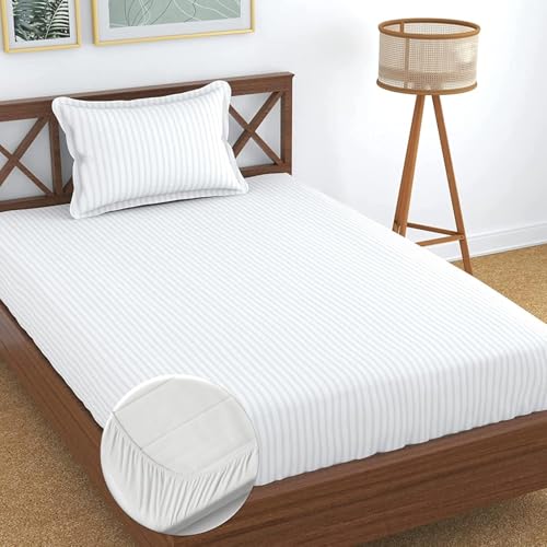 Image of KAWI Single Bedsheet Elastic Fitted Glace Cotton with 1 Pillow Cover,200 TC (Size 72X48X up to 8 Inches Mattress) - White Stripe Print