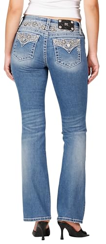 Miss Me Women's Silver Patch Fleur De Lis Faux Flap Pockets Mid-Rise Bootcut Jeans