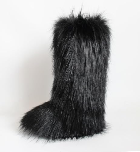 QMFUR Women's Furry Faux Fur Boot Fluffy Knee High Snow Boots Round Toe Suede Winter Comfy Plush Warm Outdoor Indoor Flat Shoes Fashion Boots3