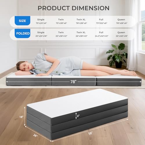Image of MASVIS Trifold Mattress, 6 Inch Memory Foam Foldable Mattress with Washable Cover, Tri-Folding Floor Bed for Camping, Queen