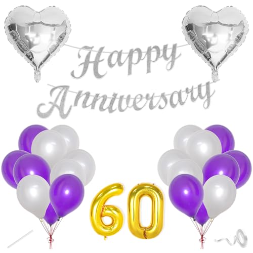 Image of Flyloons 60th Happy Anniversary Decoration Items Purple for Men Women Husband Wife Mom Dad Couple Home Bedroom Car With 20 Pcs Metallic Balloons Anniversary Banner 2 Pcs Heart Set Kit Diamond Jubilee