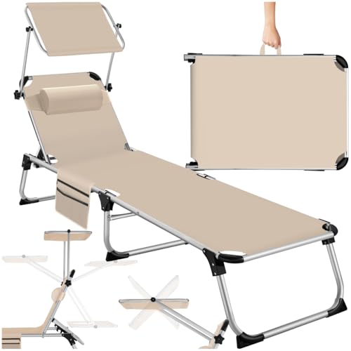 tectake® Chaise Longue Pliante Bain de Soleil Jardin Exterieur avec Pare Soleil Chaise Longue inclinable Transat de Plage Relax Jardin Camping Salon de Jardin...