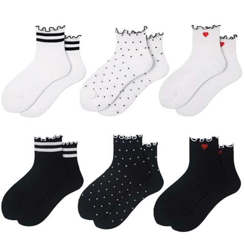 MarJunSep Ruffle Frilly Ankle Socks for Women Teen Girls Cute Crew Socks Striped Dots Heart Ribbed Thin Cotton Socks