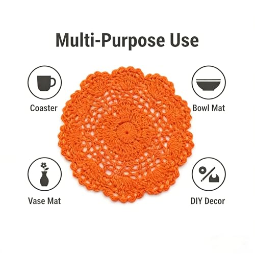 8 Round Crochet Doilies 4Pcs, Cotton Floral Lace Placemats, Handmade Embroidered Coasters for Table Furniture Wedding Decor (Orange)