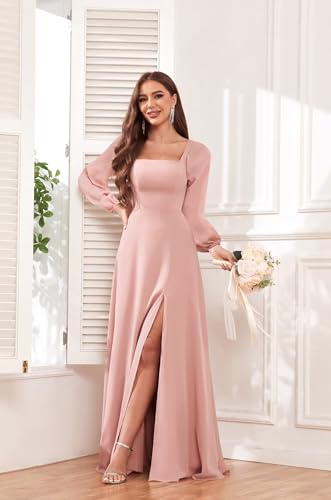 Women's Long Sleeve Bridesmaid Dresses with Slit A Line Square Neck Chiffon Formal Dress for Wedding2