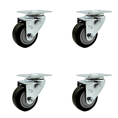 Polyurethane Swivel Top Plate Caster Set of 4 with 3.5 Inch Black Wheels - Includes 4 Swivel - 1200 lbs. Total Capacity - Service Caster Brand