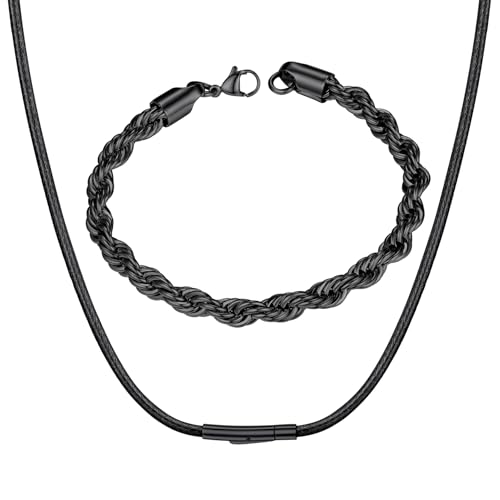 ChainsHouse Stainless Steel 6MM 8.3'' Twisted Rope Bracelets+3MM 20'' Waterproof Braided Leather Necklace for Men