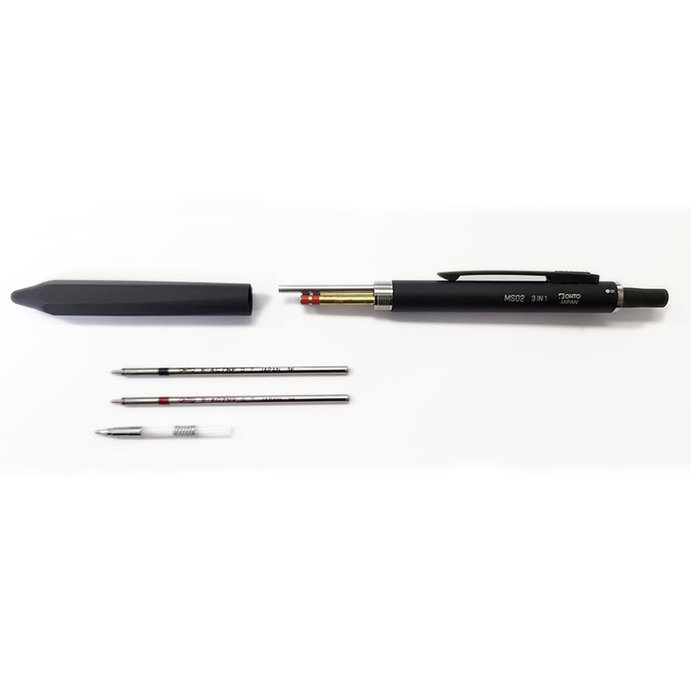 OHTO MS02 - Penna multifunzione 3 in 1, dotata di punta ad ago da 0,7 mm, inchiostro nero e rosso a base di olio, matita meccanica da 0,5 mm, corpo interamente in metallo nero, MS02-MF3-BK