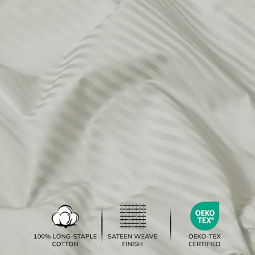 Image of Feather & Stitch 500 TC Split King Size Damask Bed Sheet Set, 100% Cotton Soft Breathable Bedsheets, 5 Piece 18 inch Deep Pockets Sateen Weave Striped Bedding Mattress Resort Hotel - (Blue Blush Stripe)