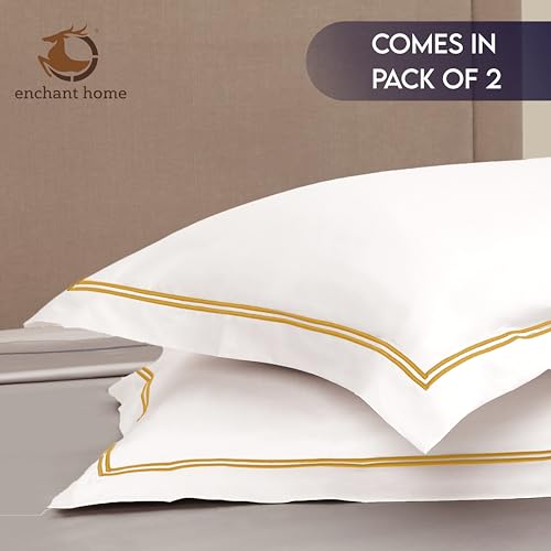 Image of Pure Cotton 500 TC Pillow Cover Set | Greek Embroidered Pillow Cover Set | Percale Weave | 18 X 27 Inches (2, White - Golden)
