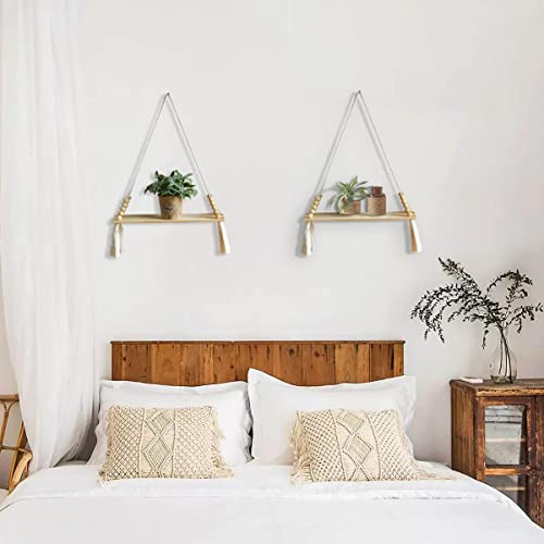 Image of Cotton Macrame Wall Hanging Shelf For Home Decor Set Of 2-Pieces|56|Woven Art For Home Decoration ,Apartment, Dorm, Bed /Living Room, Nursery, Party Decoration 14X5X22 In, 2-Pcs, White