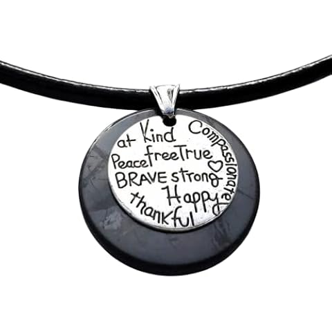 Inspirational Gratitude Shungite Pendant and Leather Necklace | Holiday Gift Idea | Protection Shield Blocker Women Teens Cover