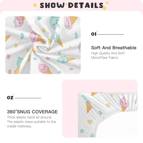 Image of Cone Ice Cream Hearts White Fitted Crib Sheet for Boys Girls Baby Toddler Bed Sheets for Toddler Bed Mattress,39 x 27 in